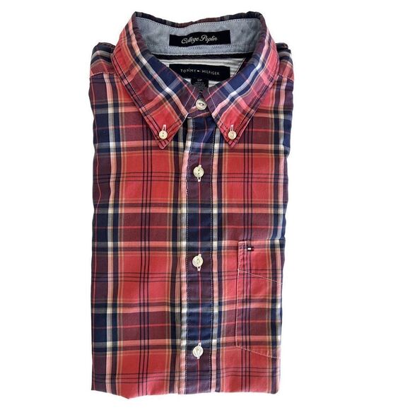Tommy Hilfiger Mens Short Sleeve Button Down College Poplin Shirt Red Plaid SZ S - Picture 1 of 10